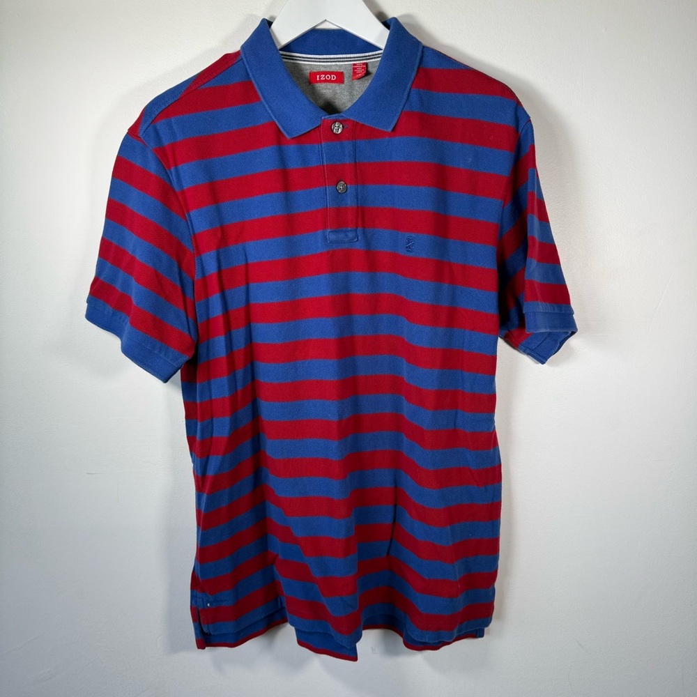 IZOD Men’s Polo Shirt Large Red Blue Striped Cotton Short Sleeve Classic Casual
